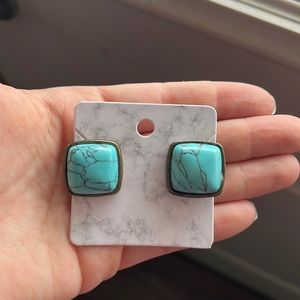 Turquoise Earrings Square Gold Tone Jewelry Vintage Minimalist Statement 80s 90s